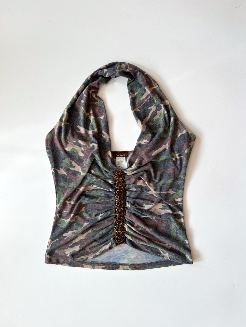 Vintage Camo Halter Tank with Embellished Front - Green Brown Tan